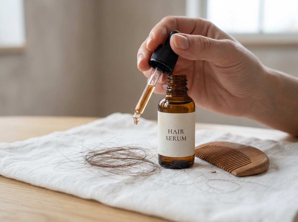 Flacon de sérum capillaire anti-chute avec peigne en bois et mèches de cheveux sur surface blanche