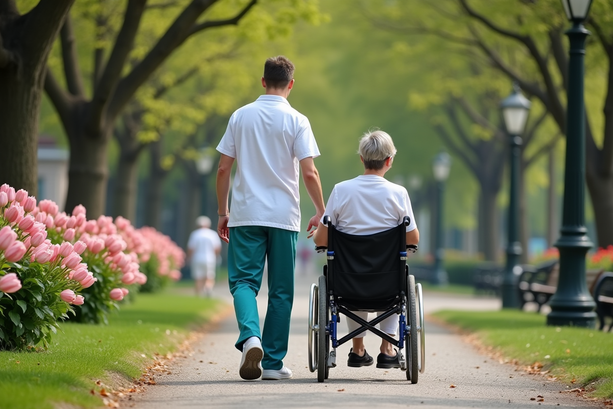Jeune soignant aidant une personne âgée en fauteuil dans un parc