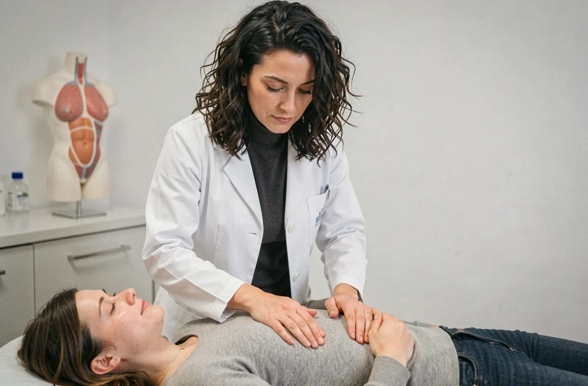Sophie Langlois ostéopathe structurel et viscéral à Corbeil-Essonnes pratiquant une technique abdominale sur une patiente