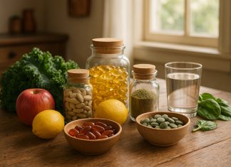 Photo hyperréaliste d'une table en bois avec des suppléments naturels en pots et bols