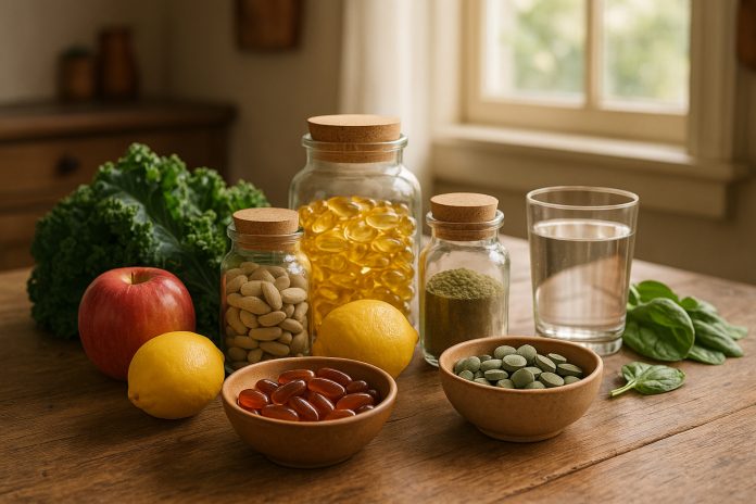 Photo hyperréaliste d'une table en bois avec des suppléments naturels en pots et bols