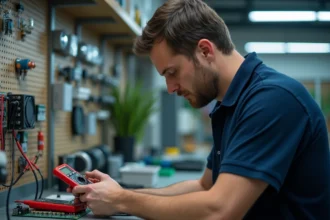 Technicien électronique mesurant une tension avec un multimètre sur un circuit imprimé en atelier