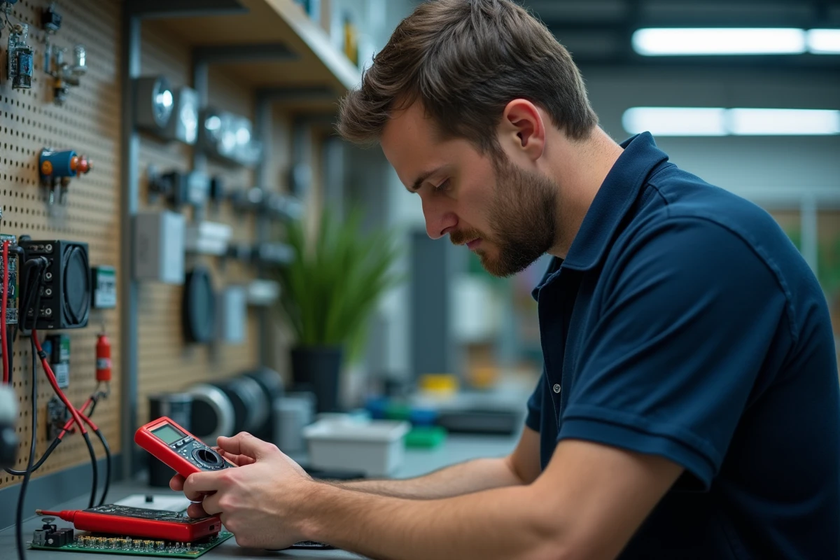 Technicien électronique mesurant une tension avec un multimètre sur un circuit imprimé en atelier