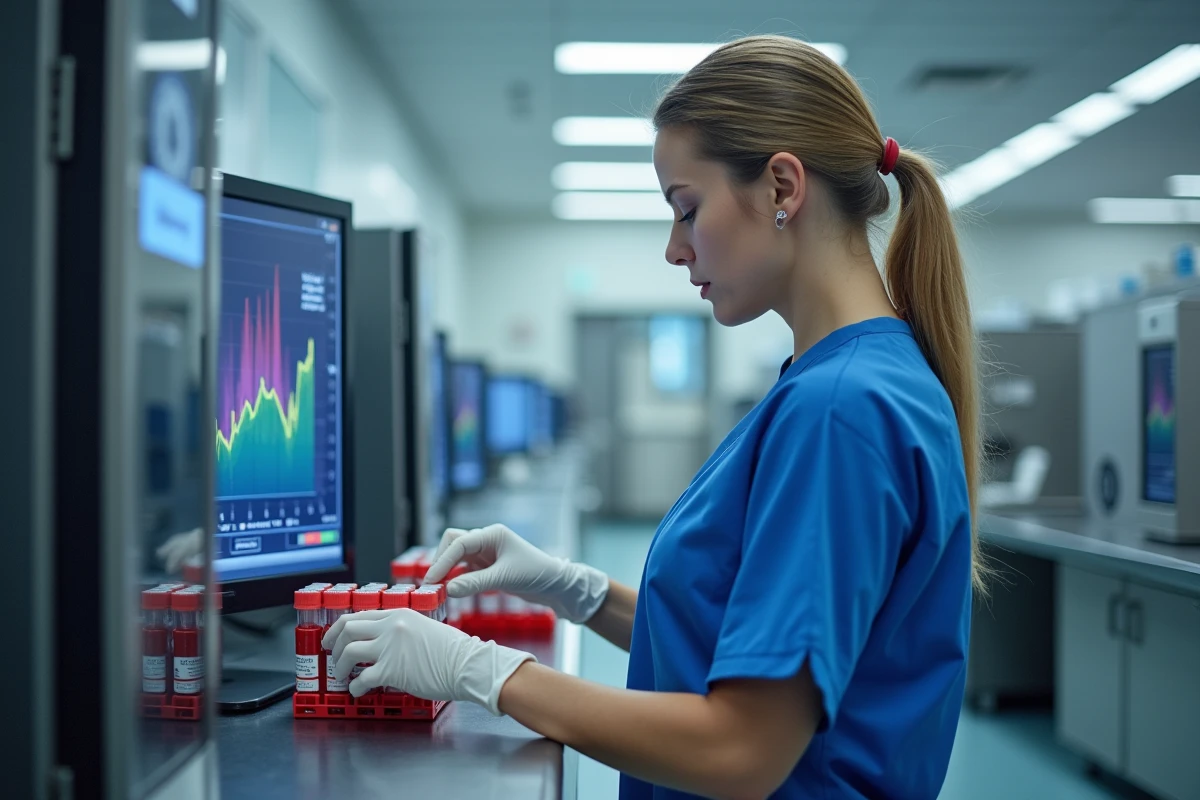 Technicienne de laboratoire analysant des tubes de sang sur automate pour mesurer les enzymes hépatiques ALAT et ASAT