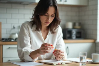 Femme testant l'efficacité d'une perle de céramique à domicile avec des bandelettes pH et un carnet de notes