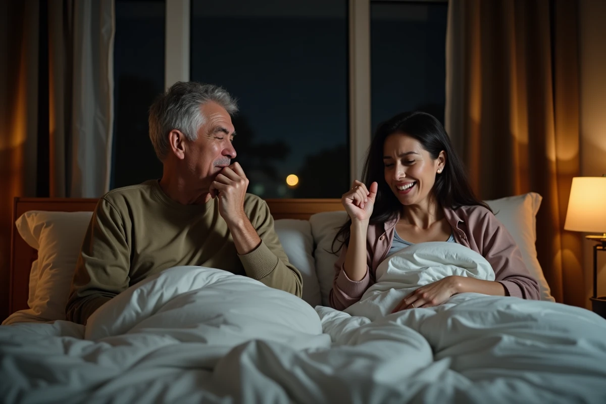 Couple adulte réveillé la nuit dans leur chambre, l'homme tousse assis dans le lit pendant que sa partenaire le regarde avec inquiétude