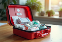 Trousse de secours ouverte sur une table en bois clair