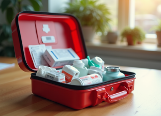 Trousse de secours ouverte sur une table en bois clair