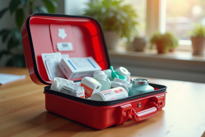 Trousse de secours ouverte sur une table en bois clair