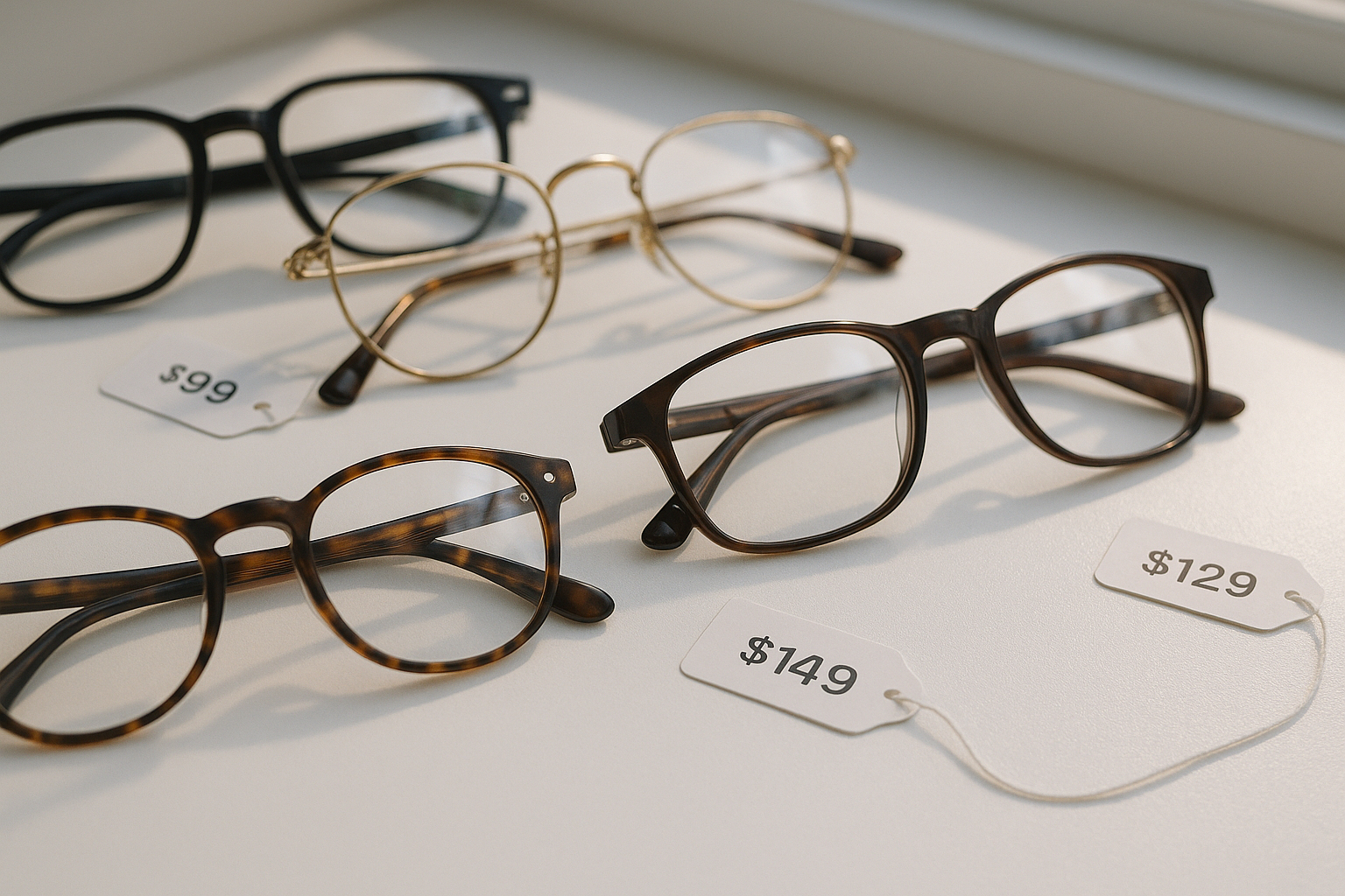 Plusieurs paires de lunettes sur une table blanche avec étiquettes