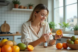 Femme tenant une orange coupée et un flacon de vitamine D dans une cuisine moderne avec des fruits frais sur la table