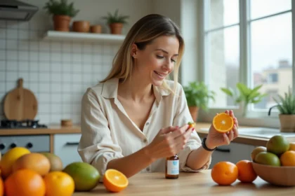 Femme tenant une orange coupée et un flacon de vitamine D dans une cuisine moderne avec des fruits frais sur la table