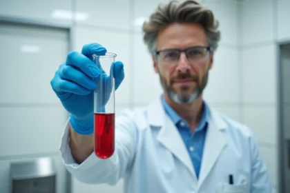 Professionnel de santé tenant un cylindre gradué rempli de liquide rouge représentant le volume sanguin humain dans un laboratoire médical