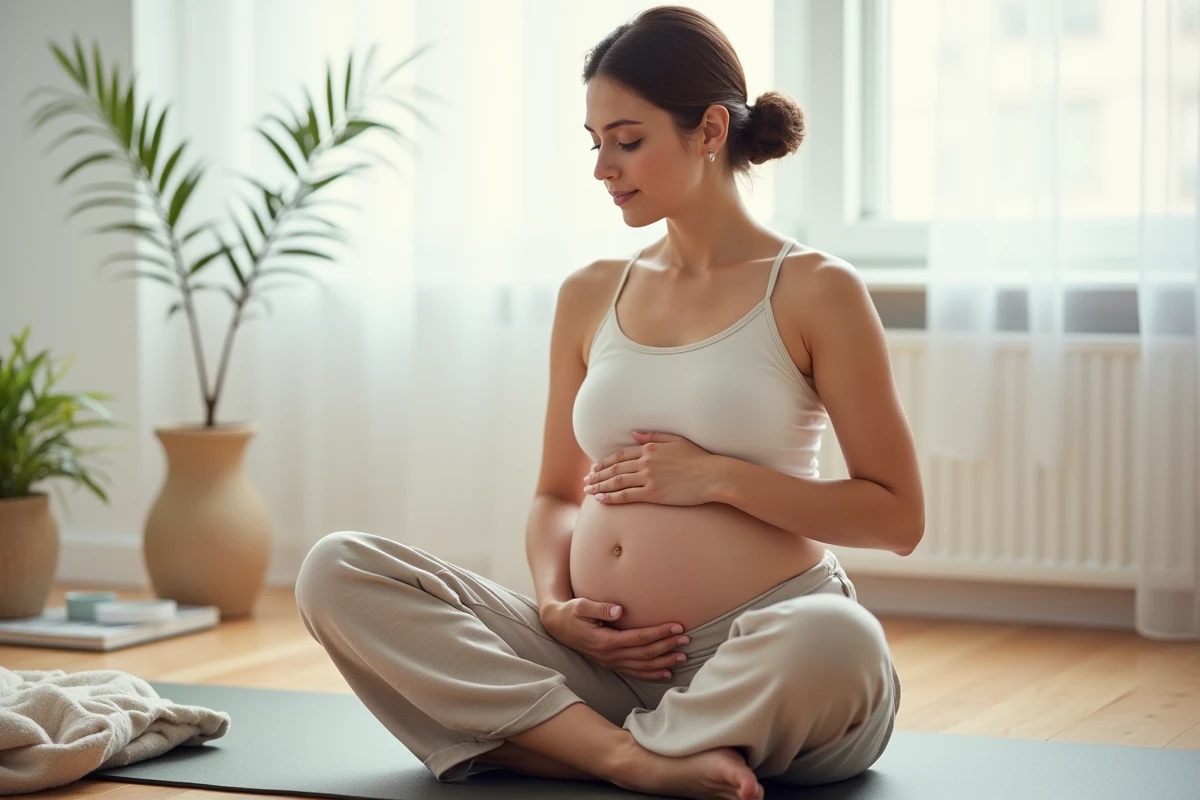 Femme enceinte pratiquant une posture de relaxation pour soulager la douleur à la côte flottante